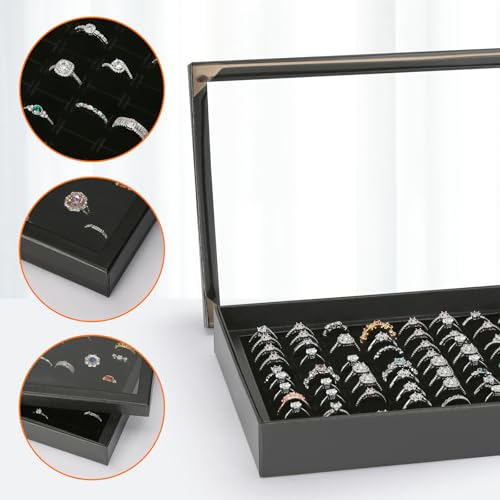 KUKUVR 100 Slots Ring Earring Holder Display Case, Velvet Jewelry Ring Earring Storage Organizer Box Tray with Clear Lid for Women And Selling Show (Black) - Image 3