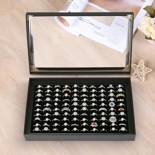 KUKUVR 100 Slots Ring Earring Holder Display Case, Velvet Jewelry Ring Earring Storage Organizer Box Tray with Clear Lid for Women And Selling Show (Black) - Image 4