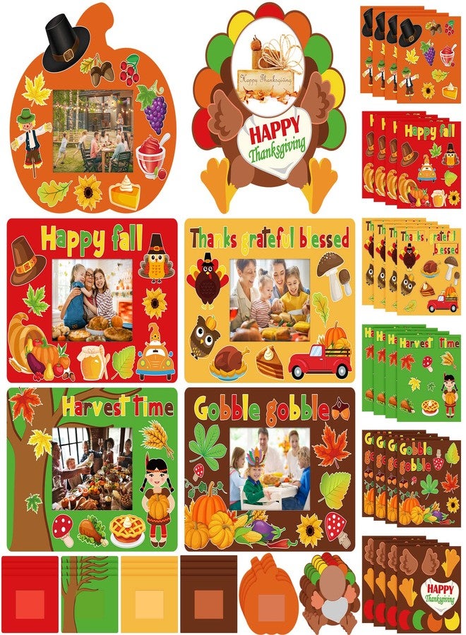 Tegeme 48 Pcs Autumn Thanksgiving Picture Frame Craft for Kids Fall Maple DIY Craft Picture Frame Pumpkin Turkey Sunflower Stickers for Thanksgiving Party Favors Harvest Kids Classroom Activities(24 Set) - Image 1