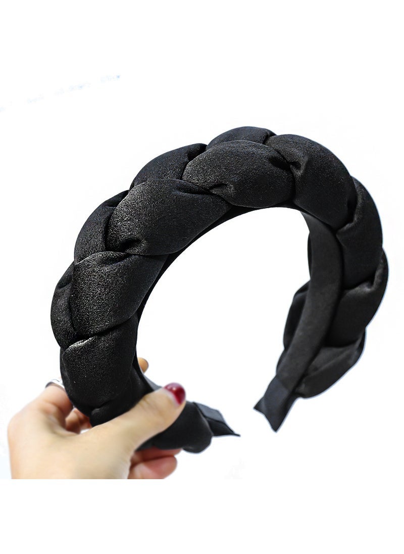 Generic 2024 Bold Sponge Hairband Weave Solid Color for Women Black Silk Satin Sponge Braid Headband 