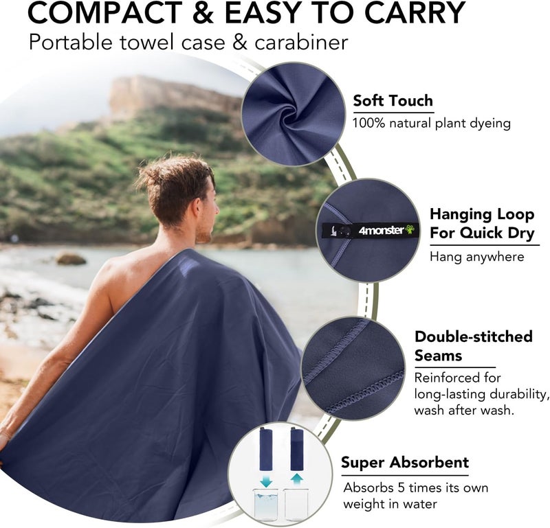 4Monster Camping Towels Super Absorbent, Fast Drying Microfiber Travel Towel, Quick Dry Ultra Soft Compact Gym Towel for Swimming Beach Hiking Yoga Travel Sports Backpack (40.00" x 20.00", Navy Blue) - Image 3