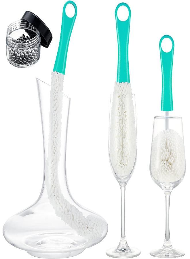 BOAO 3 Pieces Wine Cleaning Brush Flexible Bottle Scourer with Stainless Steel Decanter Cleaning Balls Multi-Function Household Cleaning Tools for Goblets/Champagne Flutes/Cups/Glasses (Green) - Image 1