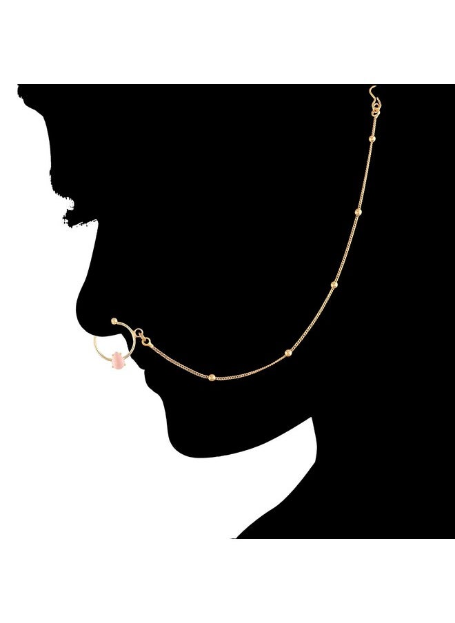 I Jewels I Jewels 18k Gold Plated Traditional Ethnic Bridal Nose Ring/Nath without piercing with Chain Encased with Pearl Stone for Women/Girls (NL44Pi)  - Image 3