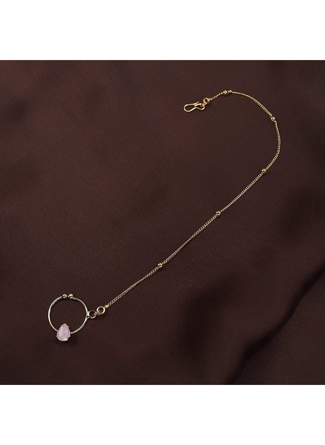 I Jewels I Jewels 18k Gold Plated Traditional Ethnic Bridal Nose Ring/Nath without piercing with Chain Encased with Pearl Stone for Women/Girls (NL44Pi)  - Image 2