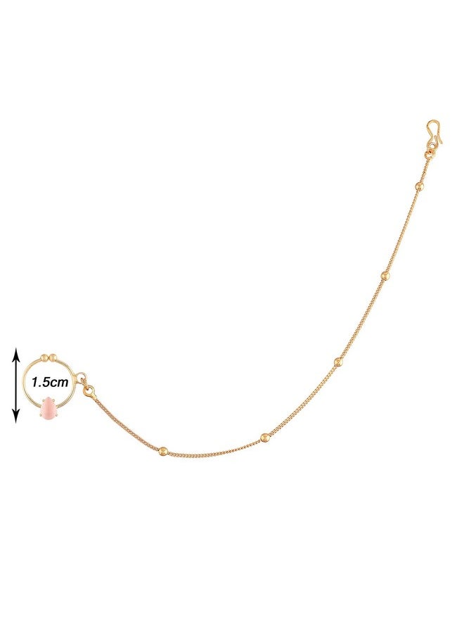 I Jewels I Jewels 18k Gold Plated Traditional Ethnic Bridal Nose Ring/Nath without piercing with Chain Encased with Pearl Stone for Women/Girls (NL44Pi)  - Image 4