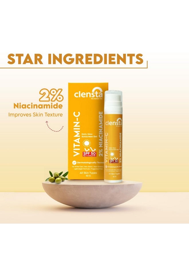 كلينستا جل واقي من الشمس Daily Glow SPF 50 Pa++++ مع فيتامين C والنياسيناميد والسكوالين ومرشحات الأشعة فوق البنفسجية UVA/UVB - بدون طبقة بيضاء، تركيبة خفيفة الوزن ومضادة للتسمير | للرجال والنساء، 50 جم | لجميع أنواع البشرة - Image 2