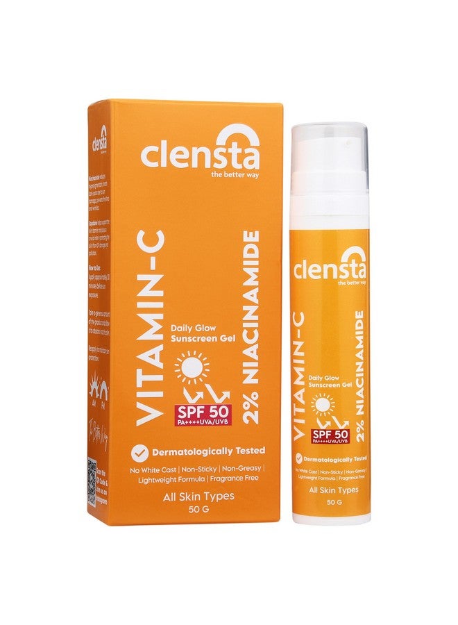 كلينستا جل واقي من الشمس Daily Glow SPF 50 Pa++++ مع فيتامين C والنياسيناميد والسكوالين ومرشحات الأشعة فوق البنفسجية UVA/UVB - بدون طبقة بيضاء، تركيبة خفيفة الوزن ومضادة للتسمير | للرجال والنساء، 50 جم | لجميع أنواع البشرة - Image 1