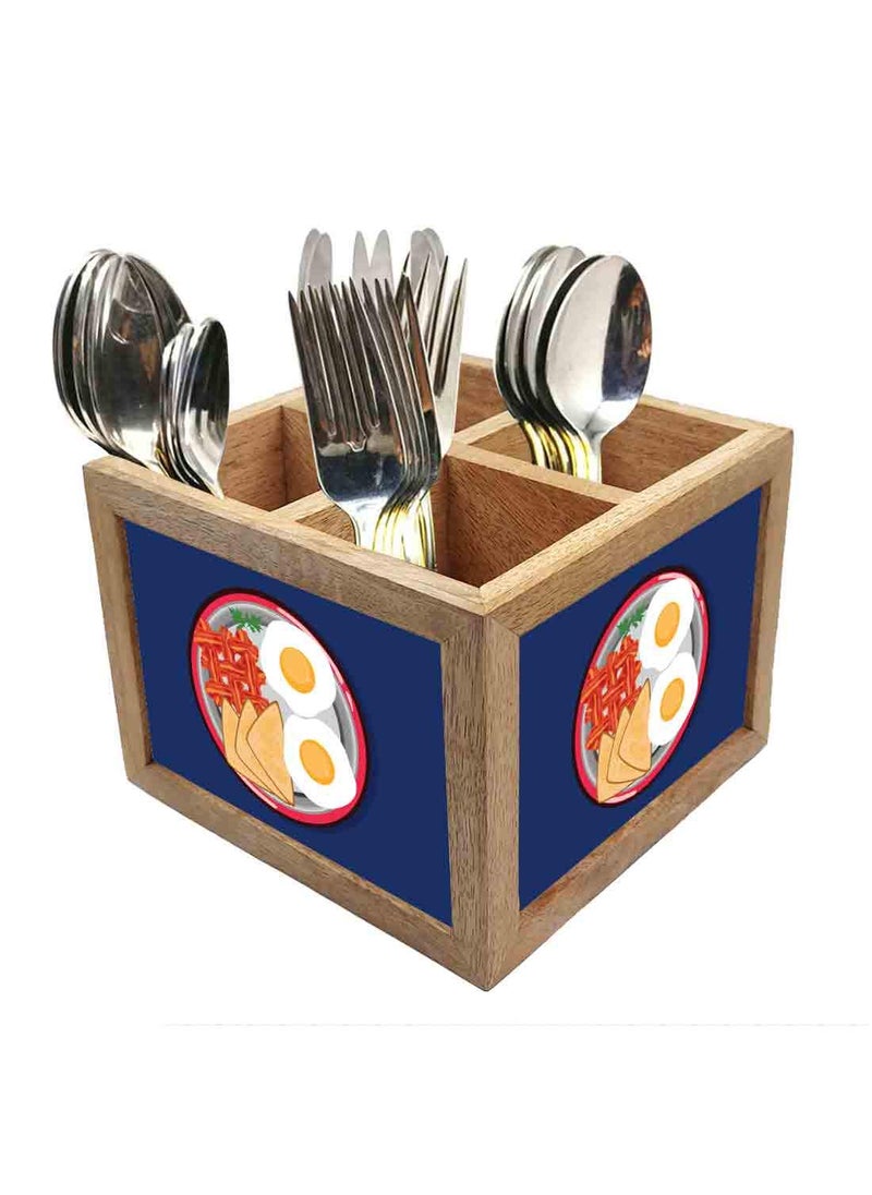 Nutcase Nutcase Wooden Cutlery Stand Holder Silverware Caddy Spoons Forks Knives Organizer for Dining Table Kitchen Made in IndiaSpoons NOT Included Breakfast Time Blue  - Image 1