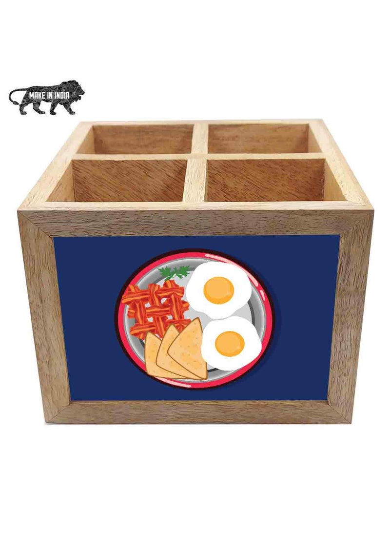 Nutcase Nutcase Wooden Cutlery Stand Holder Silverware Caddy Spoons Forks Knives Organizer for Dining Table Kitchen Made in IndiaSpoons NOT Included Breakfast Time Blue  - Image 5