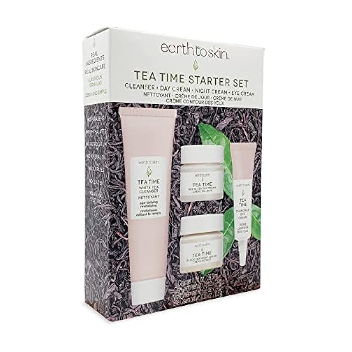 Earth To Skin Tea Time Starter Set: White Tea Cleanser (1.0 Fl Oz), White Tea Day Cream (0.5 Fl Oz), Black Tea Night Cream (0.5 Fl Oz), Chamomile Eye Cream (0.23 Fl Oz) - Image 2