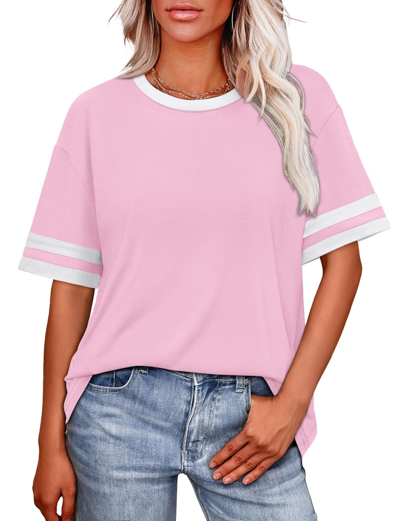 WIHOLL Womens Tops Short Sleeve Shirts Crew Neck Summer Plus Size Tops Workout T Shirts Fashion Spring Tee Outfits Light Pink Tshirts Outfits for Women 2026 L - Image 2