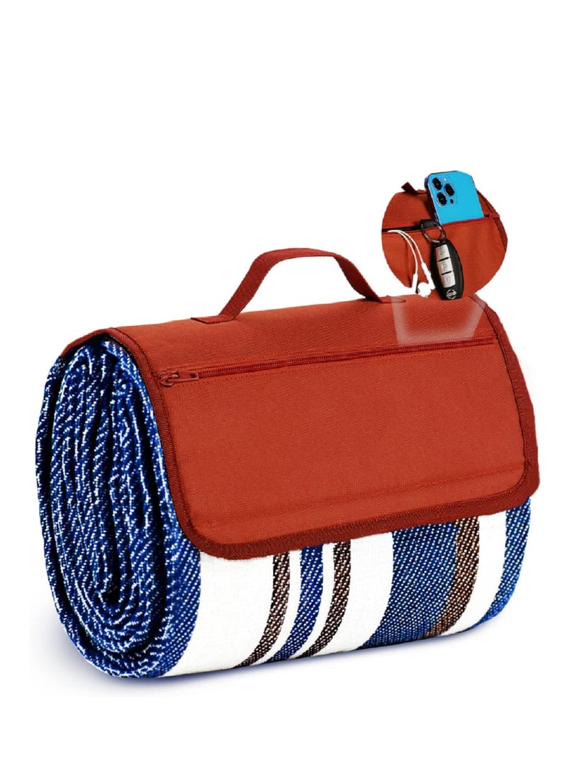 KASTWAVE بطانيات نزهة شاطئ قابلة للغسيل في آلة، حصيرة waterproof كبيرة جداً، بطانيات شاطئ سفر ثلاثية الطبقات، هدايا رائعة للبالغين للتخييم، الربيع والصيف، الحديقة، السفر على العشب (أزرق وأبيض) - Image 1