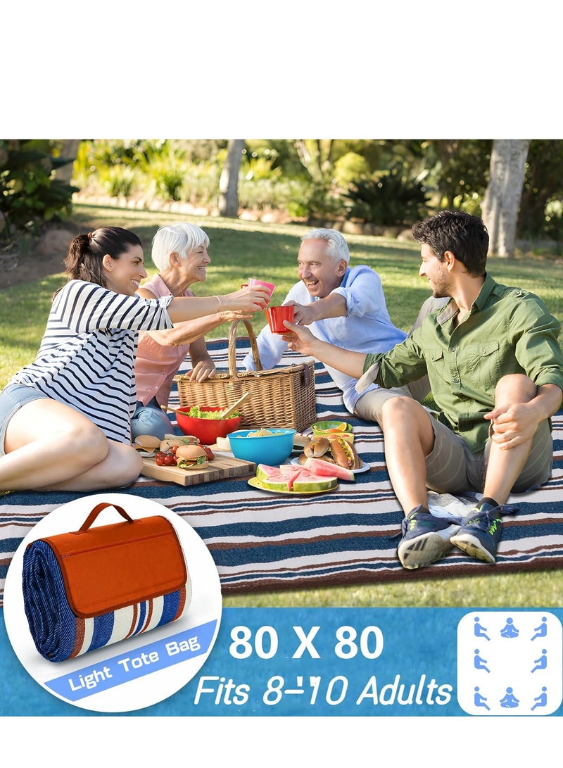 KASTWAVE بطانيات نزهة شاطئ قابلة للغسيل في آلة، حصيرة waterproof كبيرة جداً، بطانيات شاطئ سفر ثلاثية الطبقات، هدايا رائعة للبالغين للتخييم، الربيع والصيف، الحديقة، السفر على العشب (أزرق وأبيض) - Image 4