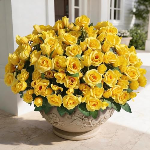 Juxdp 8 Bundles Artificial Roses for Front Door Outdoor Decor Realistic Fake Silk Bouquets Flowers Faux UV Resistant Real Looking Rose Plants for Garden Balcony Farmhouse Home Spring Summer Decor Yellow - Image 3