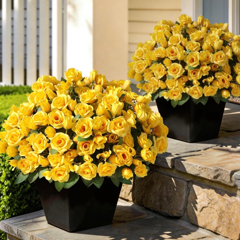 Juxdp 8 Bundles Artificial Roses for Front Door Outdoor Decor Realistic Fake Silk Bouquets Flowers Faux UV Resistant Real Looking Rose Plants for Garden Balcony Farmhouse Home Spring Summer Decor Yellow - Image 2