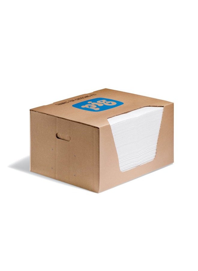 PIG New Pig Corporation Oil-Only Absorbent Mat Pad in Dispenser Box, 21 oz Absorbency Per Pad, Absorbs Oils & Fuels, Repels Water, Mediumweight, 20" x 15", White (100 Pads), MAT454 - Image 1