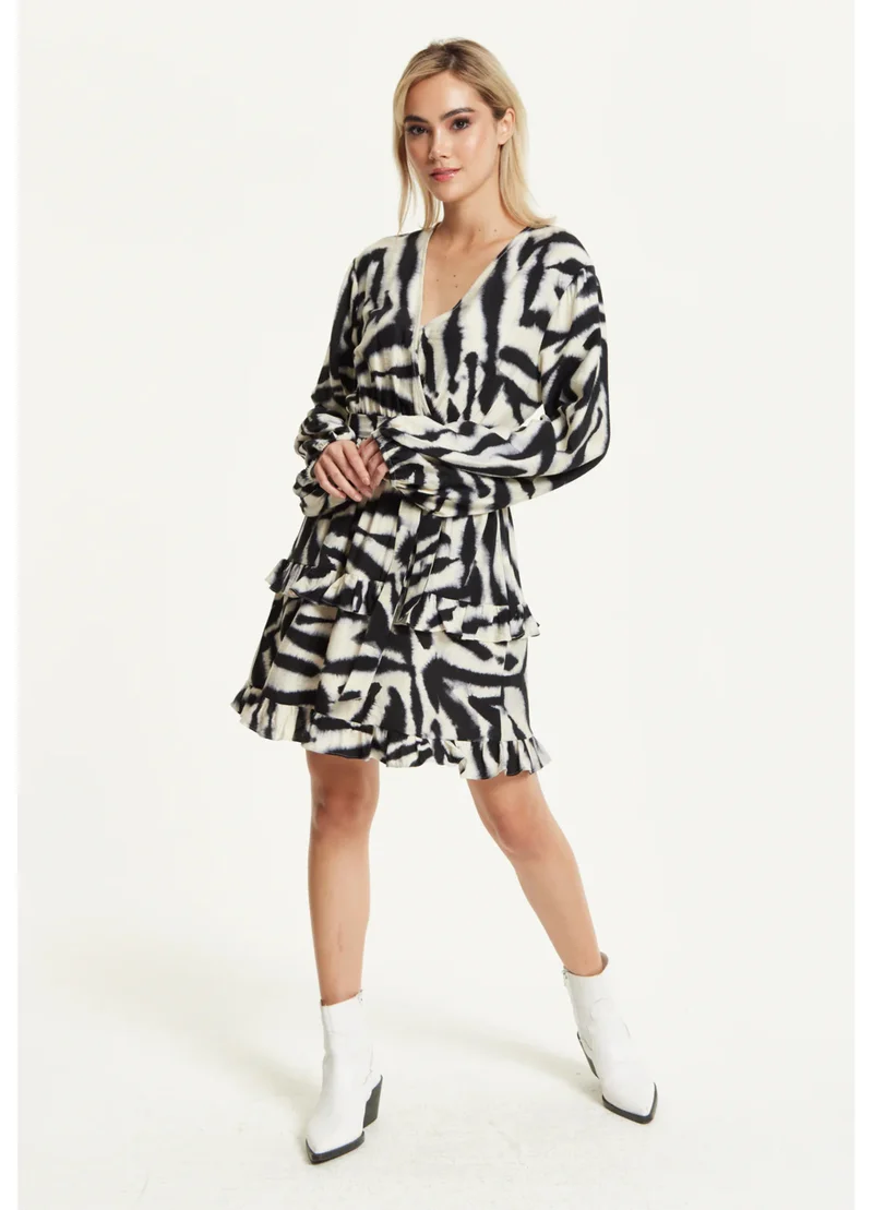 Liquorish Black Grey Zebra Print Wrap Dress