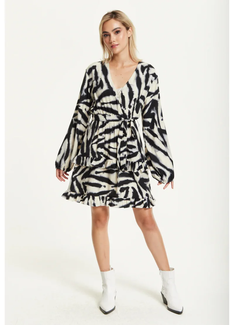 Liquorish Black Grey Zebra Print Wrap Dress