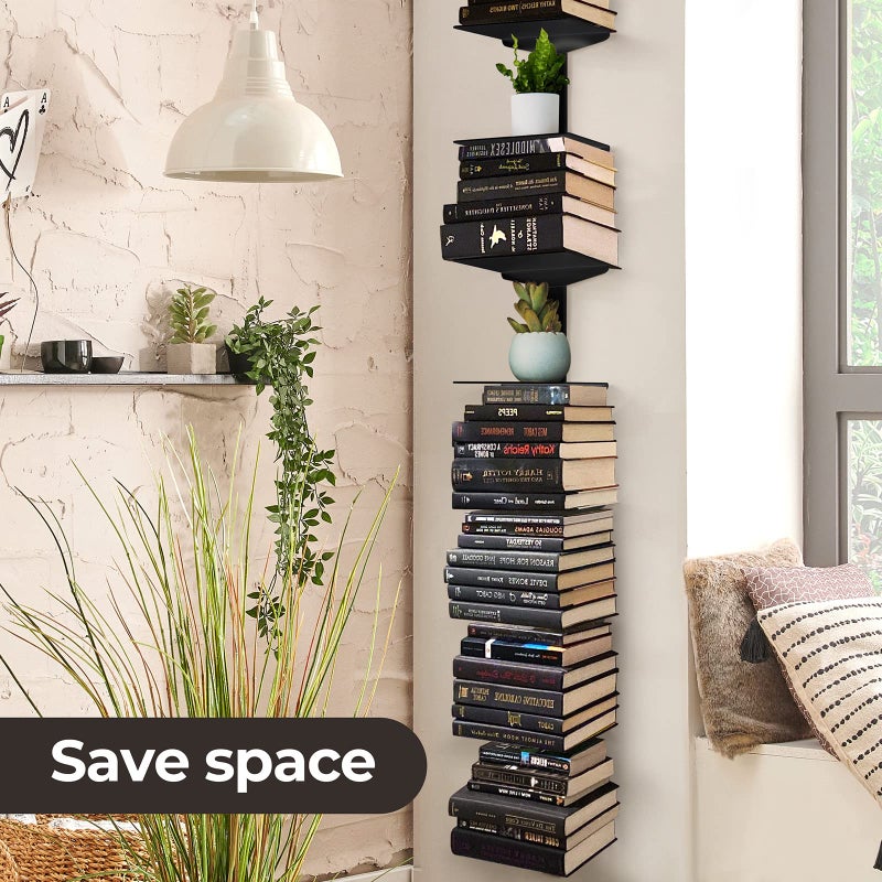 ART-GIFTREE Floating Book Shelves for Wall, 8 Tier Invisible Floating Bookshelf, Vertical Spine Book Tower, Wall Mounted & Space Saving, Heavy Duty Metal Book Organizer for Home Office, 4 Pack Black - Image 2