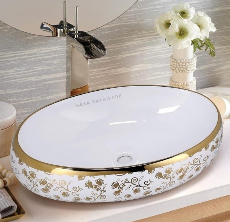 Nexa Bathware Impoarted Ceramic Wash Basin Luxurious Wash basin Table Top Bathroom Sink Wash GLODEN Colour With Glossy Finishing 24 x 16 x 6 INCH EQ022 - Image 1
