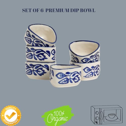Freakway Handpainted Floral Studio Pottery Ceramic Dip Bowl/Chutney Bowl/Pickle/Sauce Bowl/Small Katori Set | Triangle Shape |(50 ML, Small, Set of 6, Blue and White). - Image 3