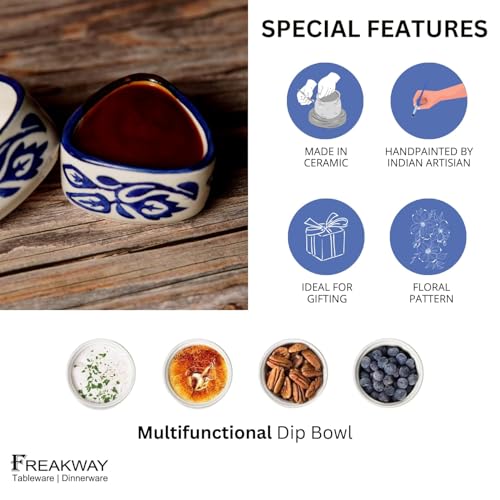 Freakway Handpainted Floral Studio Pottery Ceramic Dip Bowl/Chutney Bowl/Pickle/Sauce Bowl/Small Katori Set | Triangle Shape |(50 ML, Small, Set of 6, Blue and White). - Image 4