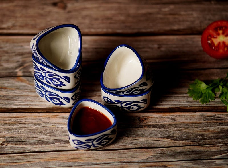 Freakway Handpainted Floral Studio Pottery Ceramic Dip Bowl/Chutney Bowl/Pickle/Sauce Bowl/Small Katori Set | Triangle Shape |(50 ML, Small, Set of 6, Blue and White). - Image 1