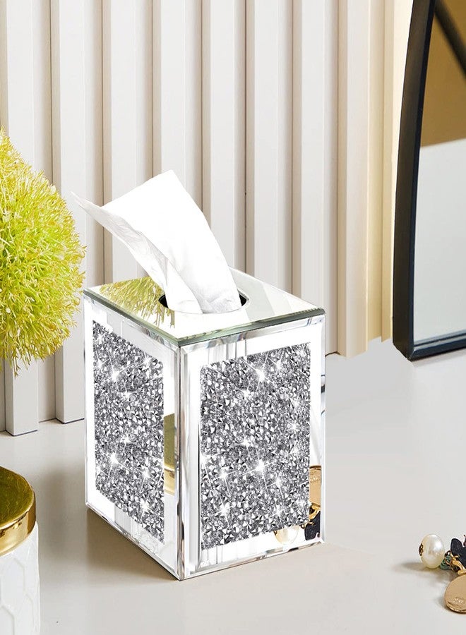 Wocred Square Mirrored Tissue Box Cover,Crystal Crushed Diamond Tissue Box,Silver Luxury Tissue Holders for Either Tissues in a Bathroom or Napkins on a Table.(5.5”x5.5”x5.5”) - Image 4
