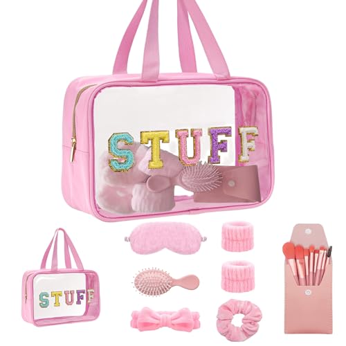 wepgjwmao Gift Sets for Women Initial Makeup Bag with Makeup Brush Set Bachelorette Party Favors Pink Spa Kit with Skincare Headbands Wrist Bands Sleepover Party Supplies Gifts for Teen Girls Bridesmaid - Image 1