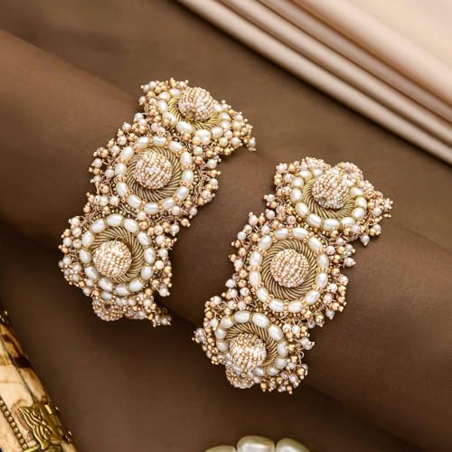 SANJOYA by EVERSTYLISH Embroidered Cuff Bracelets for Women | Beaded Statement Jewelry (Set of 2) | Ethnic & Festive Bangles for Weddings & Special Occasions - Image 2