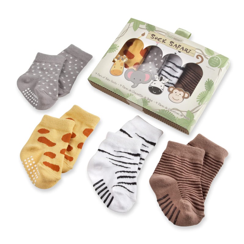 Baby Aspen, "Sock Safari" Four-Pair Animal-Themed Baby Socks Set, 0-6 Months - Image 1