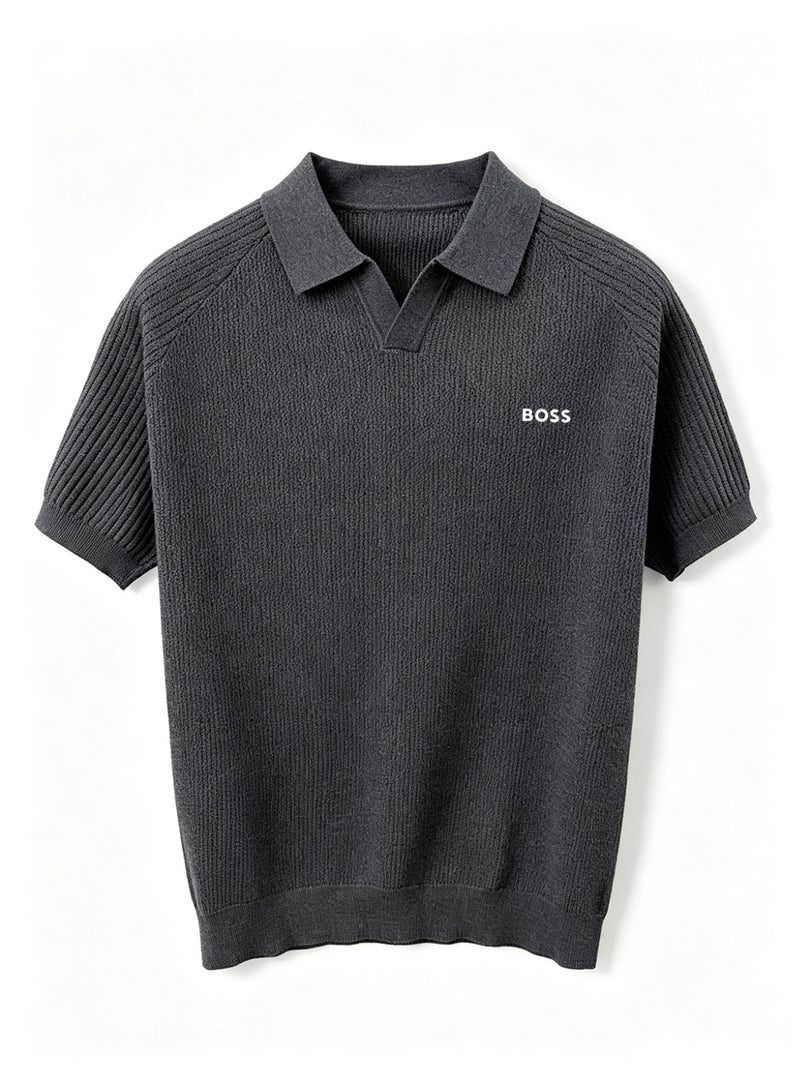 BOSS Men Vertical Rib Knit Short Sleeve Polo Shirt Business Commute Collared Versatile Top Dark Grey - Image 3