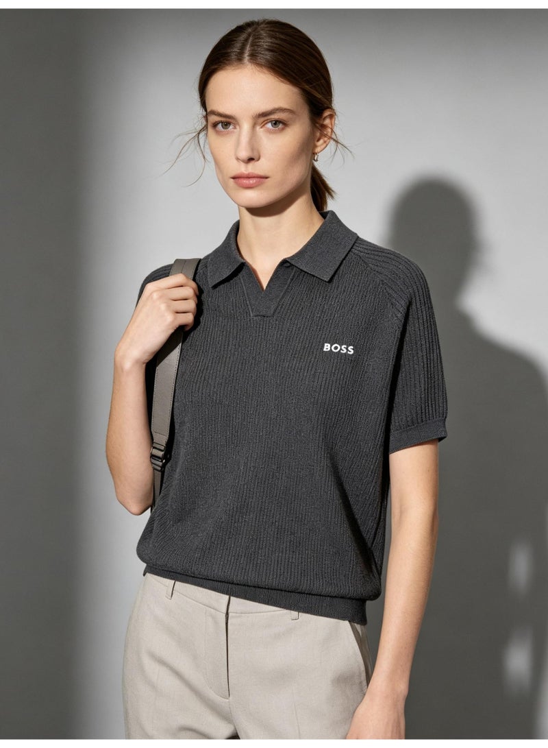 BOSS Men Vertical Rib Knit Short Sleeve Polo Shirt Business Commute Collared Versatile Top Dark Grey - Image 5