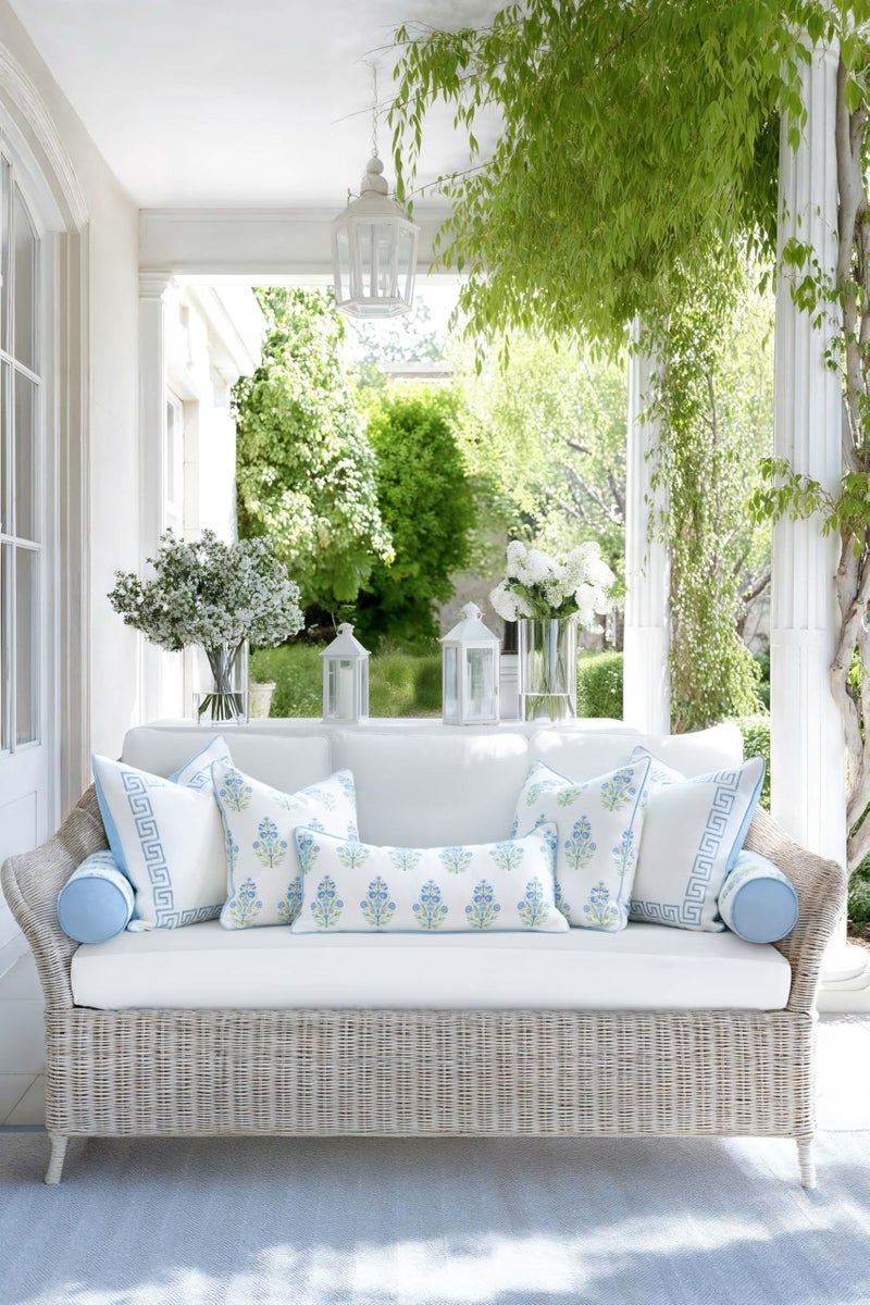 Hofdeco Premium Coastal Grandmillennial Patio Indoor Outdoor Bolster Pillow Cover Only, 6"x20" Water Repellent for Backyard, Couch, Poolside, Baby Blue Print Flower - Image 3