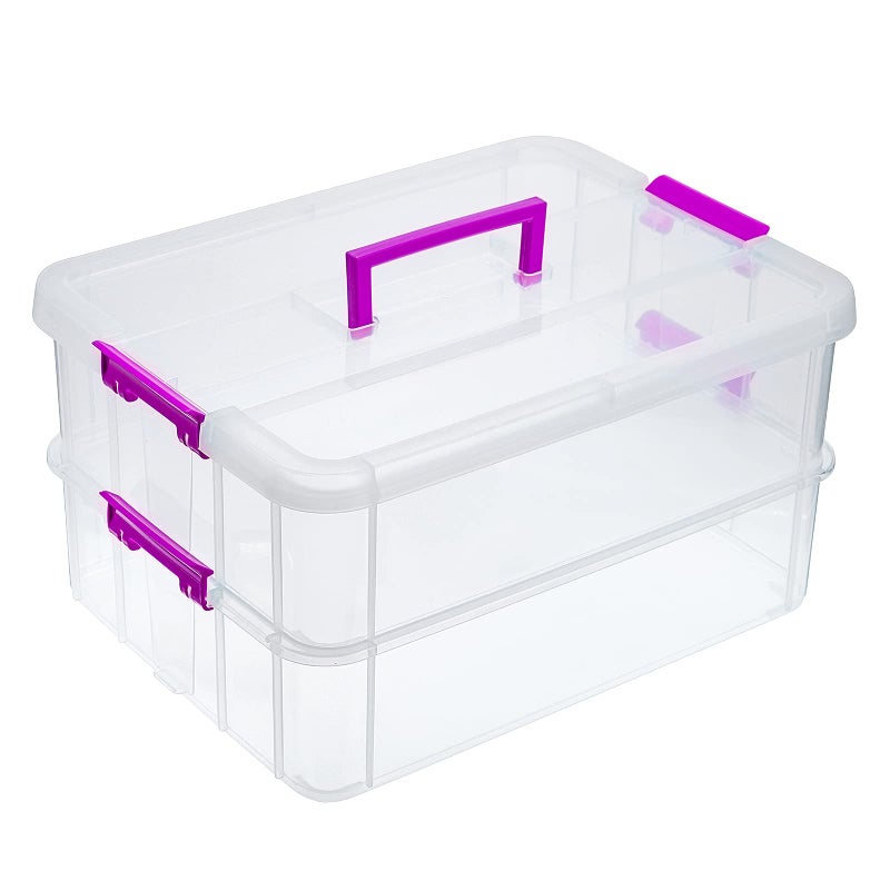 JUXYES 2Tiers Stack Carry Storage Box With Handle Transparent Stackable Storage Bin With Handle Lid Latching Storage Container for School  Office Supplies