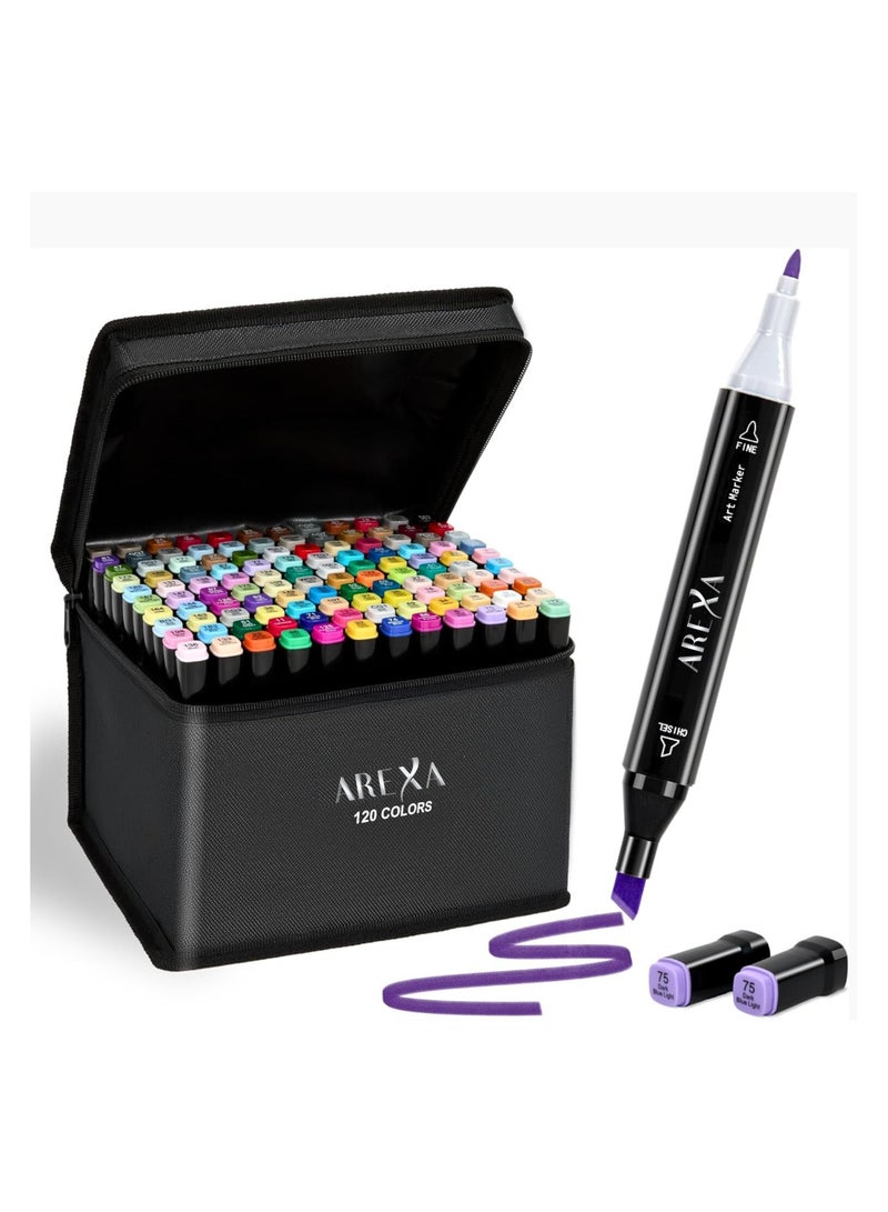 AREXA Markers 120 Colors with Base,  Pens Double Tip Drawing for Beginners, Students, Artists, Amateurs, Comics Albums, Coloring - Image 1