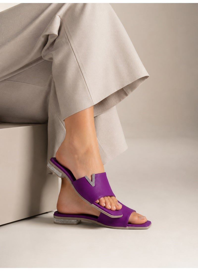 LIFESTYLISH slippers satin flat With a shiny V-shaped embellishment SL-234 - Purple - Image 4