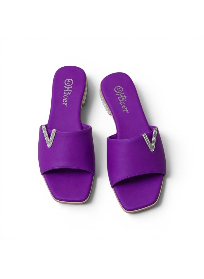 LIFESTYLISH slippers satin flat With a shiny V-shaped embellishment SL-234 - Purple - Image 1