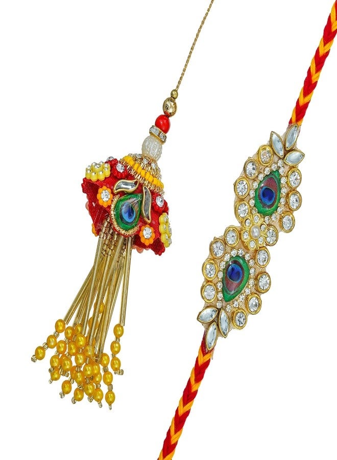 مجموعة جميلة من KamlaArt مكونة من قطعتين من Rakhi لزوج Bhaiya Bhabhi الخشبي هدية مغناطيسية Raksha Bandhan للأخ والأخت، Lumba Rakhi مع بطاقة تهنئة ورولي شاوال - Image 2