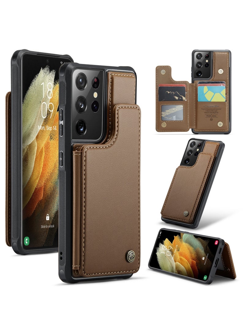 CaseMe Wallet Case for Samsung Galaxy S21 Ultra, Premium Handmade Durable PU Leather Slim Shockproof Case with [Double Magnetic Clasp] [Card Holder] [Kickstand] [RFID Blocking] (Brown) - Image 1