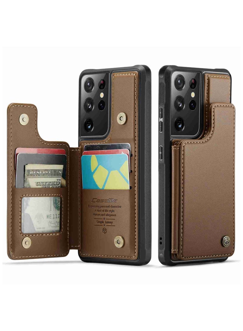 CaseMe Wallet Case for Samsung Galaxy S21 Ultra, Premium Handmade Durable PU Leather Slim Shockproof Case with [Double Magnetic Clasp] [Card Holder] [Kickstand] [RFID Blocking] (Brown) - Image 2