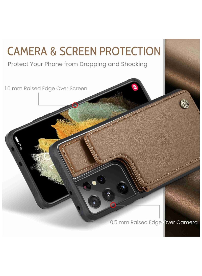 CaseMe Wallet Case for Samsung Galaxy S21 Ultra, Premium Handmade Durable PU Leather Slim Shockproof Case with [Double Magnetic Clasp] [Card Holder] [Kickstand] [RFID Blocking] (Brown) - Image 3