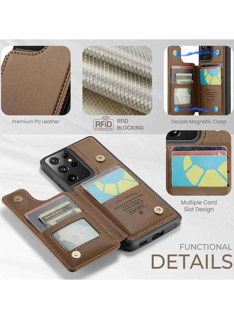 CaseMe Wallet Case for Samsung Galaxy S21 Ultra, Premium Handmade Durable PU Leather Slim Shockproof Case with [Double Magnetic Clasp] [Card Holder] [Kickstand] [RFID Blocking] (Brown) - Image 4
