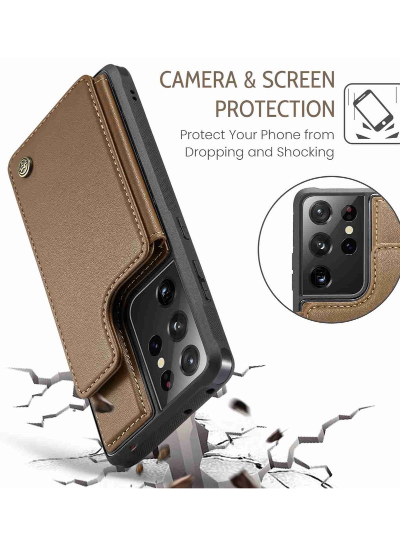 CaseMe Wallet Case for Samsung Galaxy S21 Ultra, Premium Handmade Durable PU Leather Slim Shockproof Case with [Double Magnetic Clasp] [Card Holder] [Kickstand] [RFID Blocking] (Brown) - Image 5