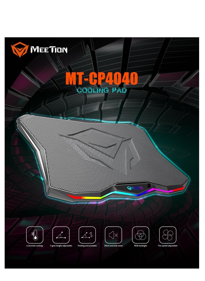 ميشين وسادة تبريد هوائية MEETION CP4040 للألعاب مزودة بست مراوح، وزاوية ارتفاع قابلة للتعديل، ومنفذي USB، وإضاءة LED RGB خفيفة الوزن وسريعة التبريد، مصنوعة من سبائك الألومنيوم مع حامل قابل للتعديل بزاوية 45 درجة (أسود)  - Image 5