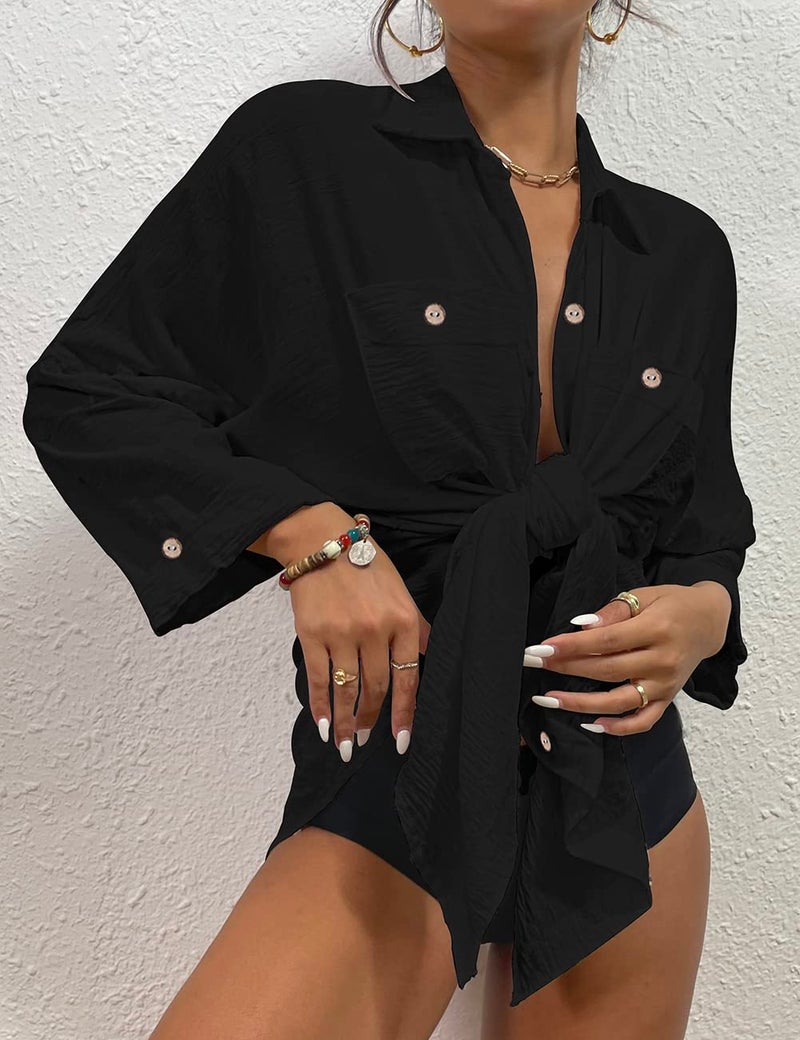 Bsubseach Womens Modern Swimsuit Cover Up Blouse Button Down Shirt Dresses Tops Black XXL - Image 2