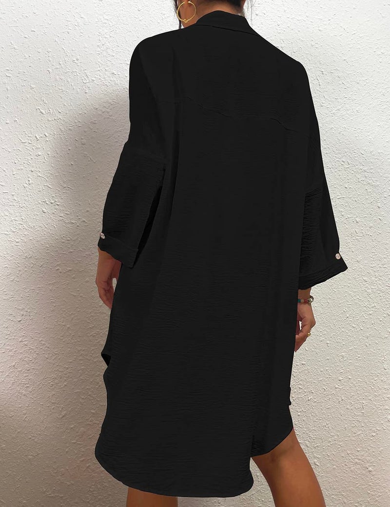 Bsubseach Womens Modern Swimsuit Cover Up Blouse Button Down Shirt Dresses Tops Black XXL - Image 5