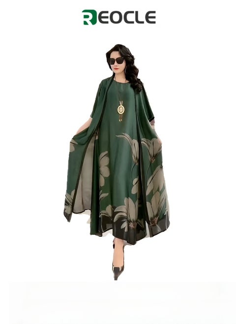 Women's Silk Dress 2 Pieces Elegant Outfit Soothing Solid Color Suit with Fashion Print Design & Relaxed Hem & Half Sleeve Design Summer Slim Dress