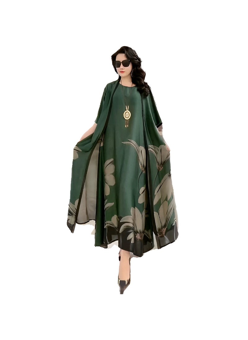 Women's Silk Dress 2 Pieces Elegant Outfit Soothing Solid Color Suit with Fashion Print Design & Relaxed Hem & Half Sleeve Design Summer Slim Dress