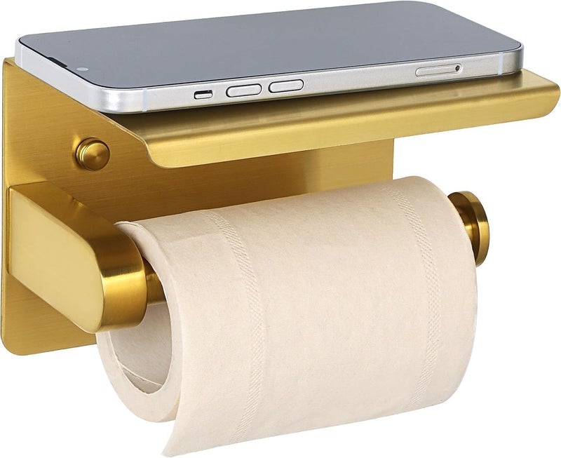 Gold Toilet Paper Holder with Mobile Phone Shelf, Wall Mounted Metal Tissue Holder, Modern Design